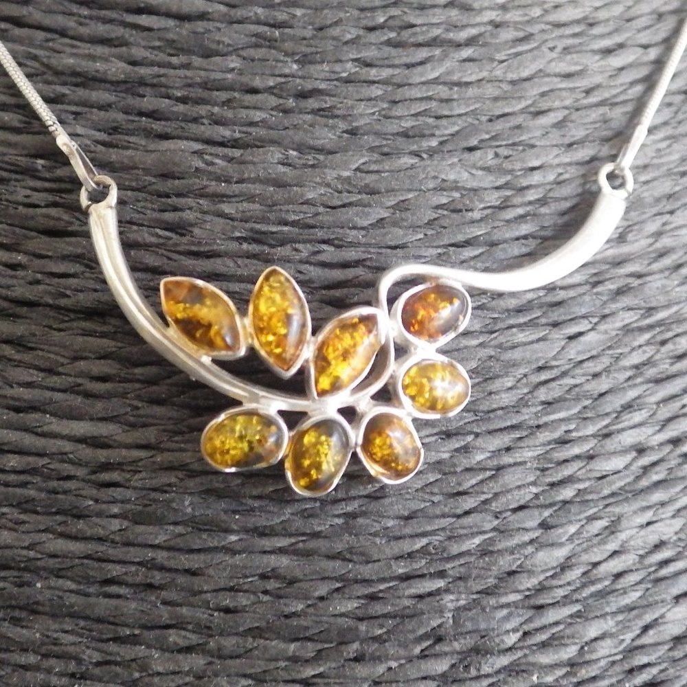 Vintage Sterling Silver & Honey Amber Fancy Necklace Pendant